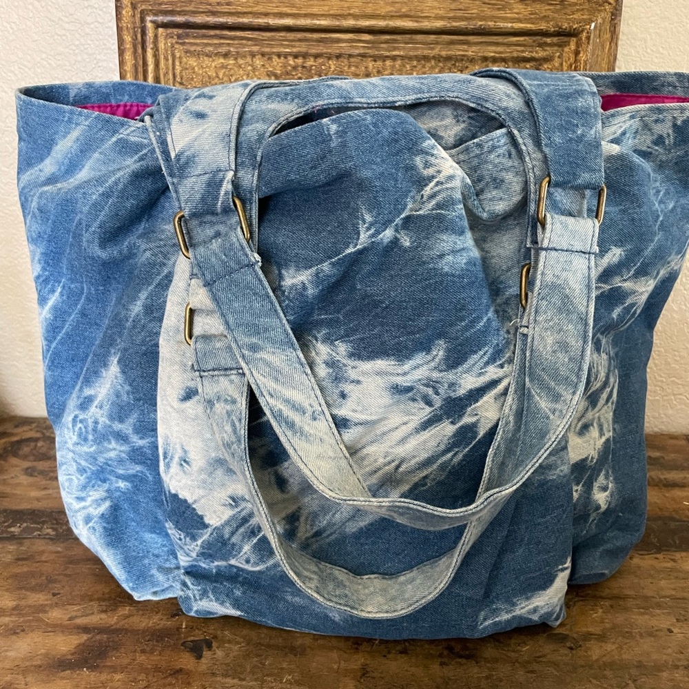 Large Tie Dye Denim Shoulder Bag With Pink Lining